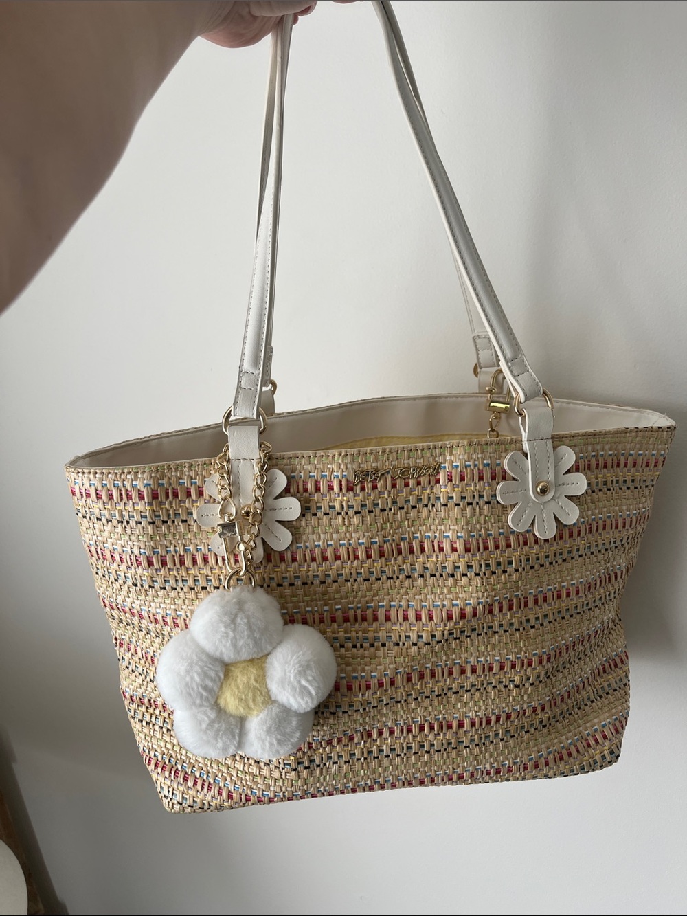 Betsy Johnson Summer Woven Tote Bag with White Daisy Charm